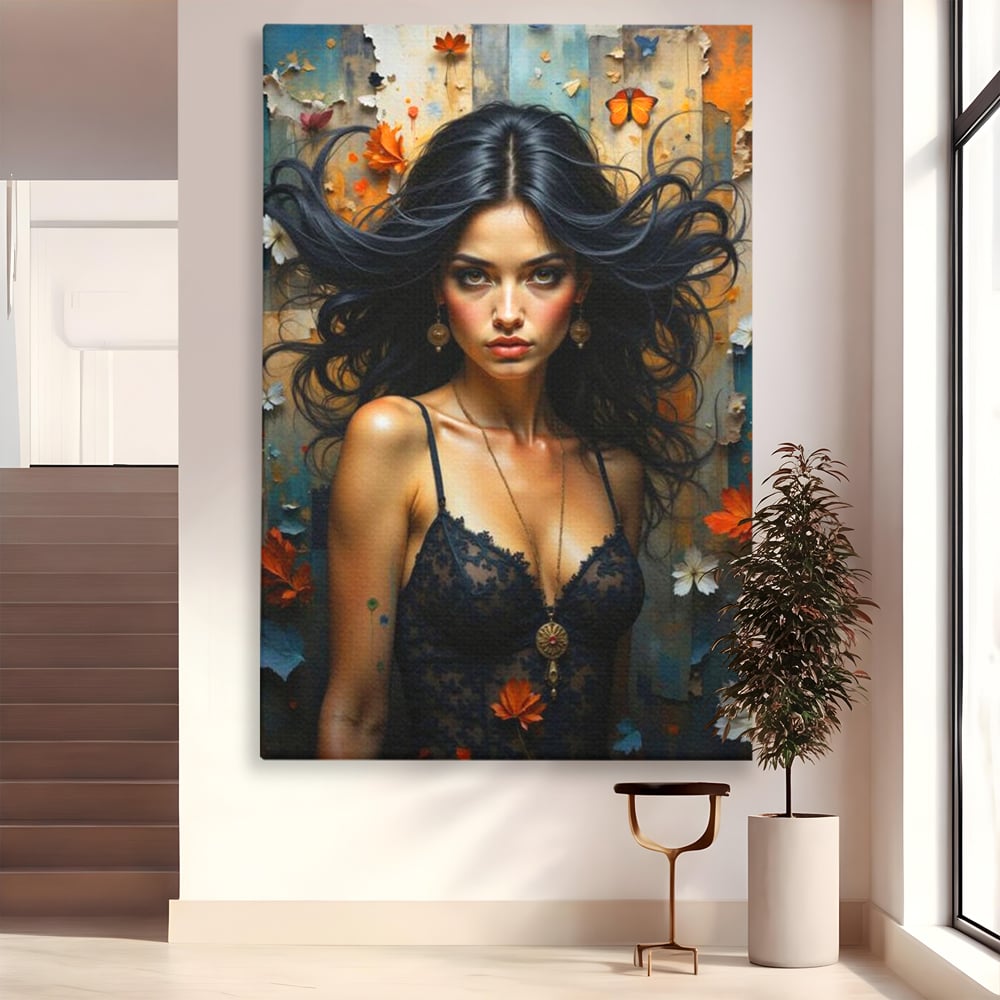 Tablou canvas cu tablou canvas cu portret de femeie par negru fluturi si frunze, fara rama, pe sasiu de lemn